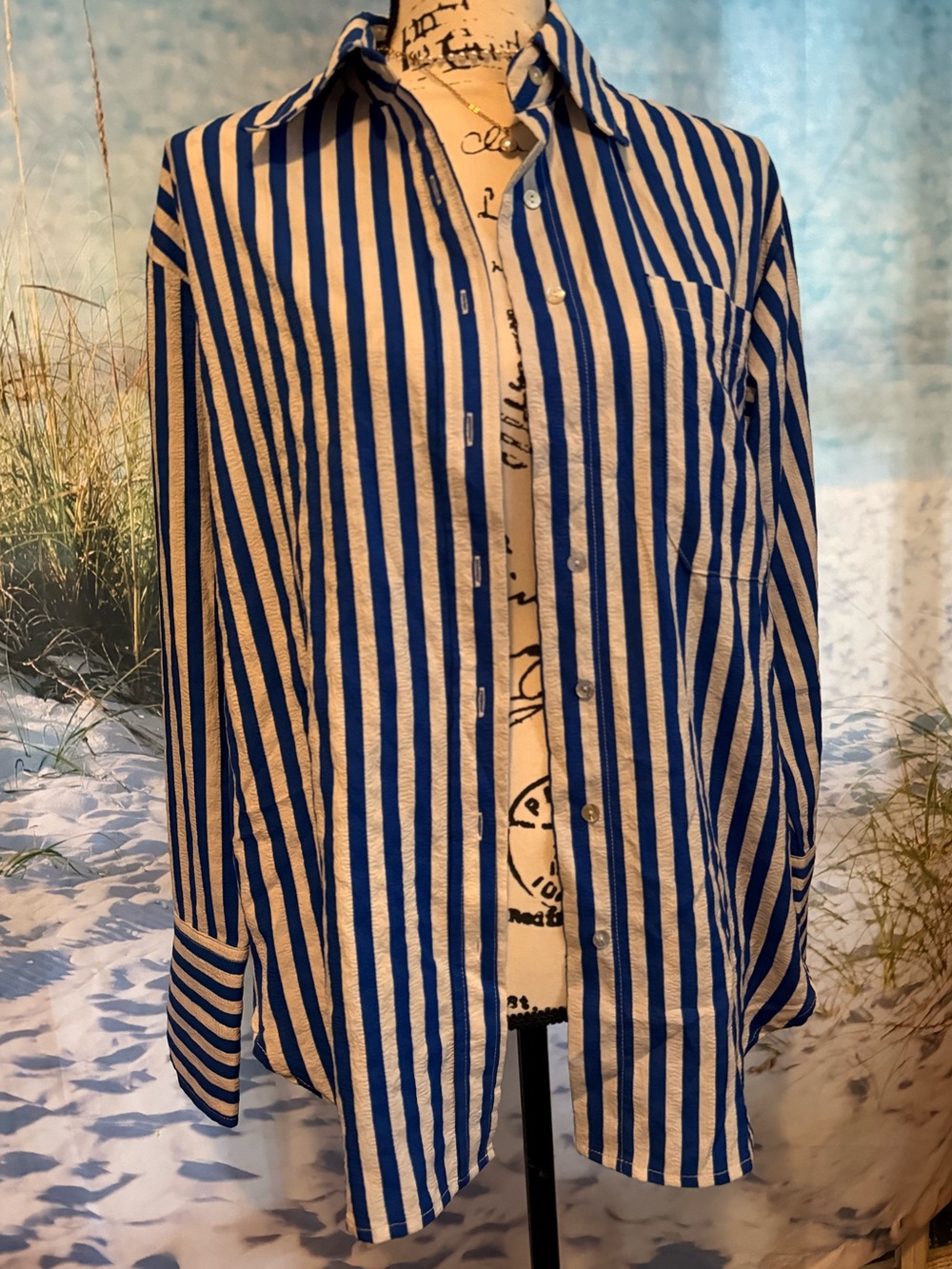 Altar'd State Royal Blue and White Vertical Stripe Button-Up Shirt